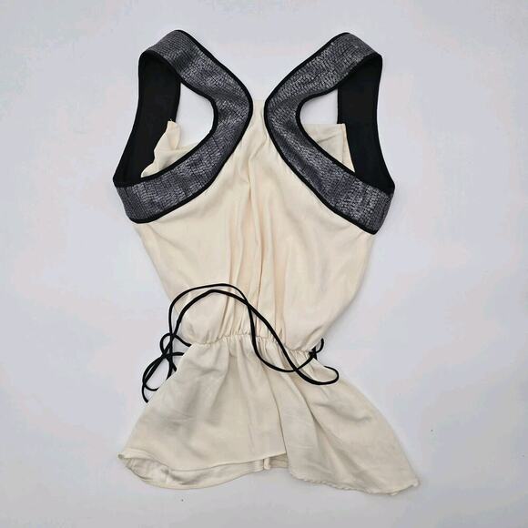 Lia Keys Top Womens Medium Black Cream Tank Silk Sequin New York Cowl Blouse - Picture 5 of 11